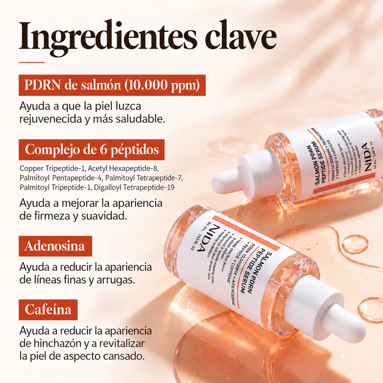 Ingredientes clave: PDRN de salmón (10.000 ppm), complejo de 6 péptidos, adenosina y cafeína. PDRN: ayuda a que la piel luzca rejuvenecida y más saludable. Péptidos: ayuda a mejorar la apariencia de firmeza y suavidad. Adenosina: ayuda a reducir la apariencia de líneas finas y arrugas. Cafeína: ayuda a reducir la apariencia de hinchazón y a revitalizar la piel de aspecto cansado.