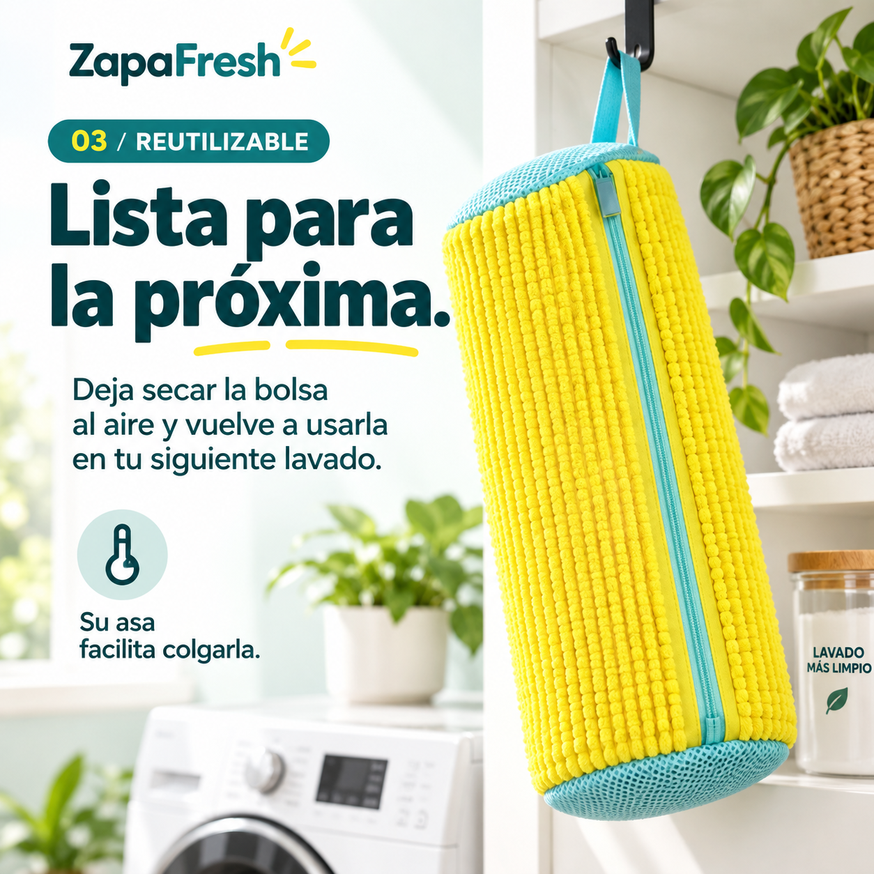 03 / REUTILIZABLE. Lista para la próxima. Deja secar la bolsa al aire y vuelve a usarla en tu siguiente lavado. Su asa facilita colgarla.