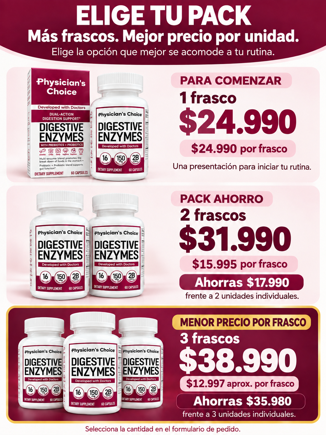 Elige tu pack. 1 frasco: $24.990. 2 frascos: $31.990, $15.995 por frasco, ahorro de $17.990. 3 frascos: $39.990, $13.330 por frasco, ahorro de $34.980 frente a unidades individuales. Selecciona la cantidad en el formulario.