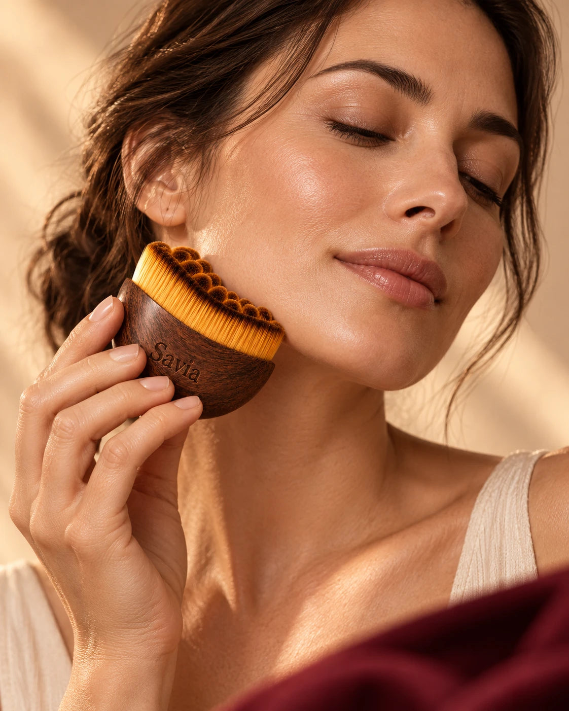 Mujer usando el cepillo de masaje facial Savia